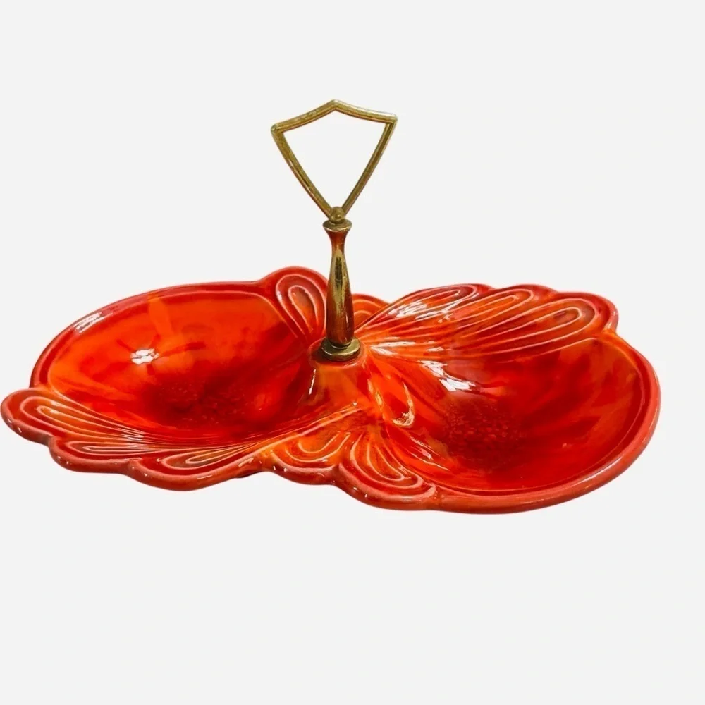 1960s Cal Style USA Orange Pottery Divided Candy Dish MCM Leaf Tidbit Tray